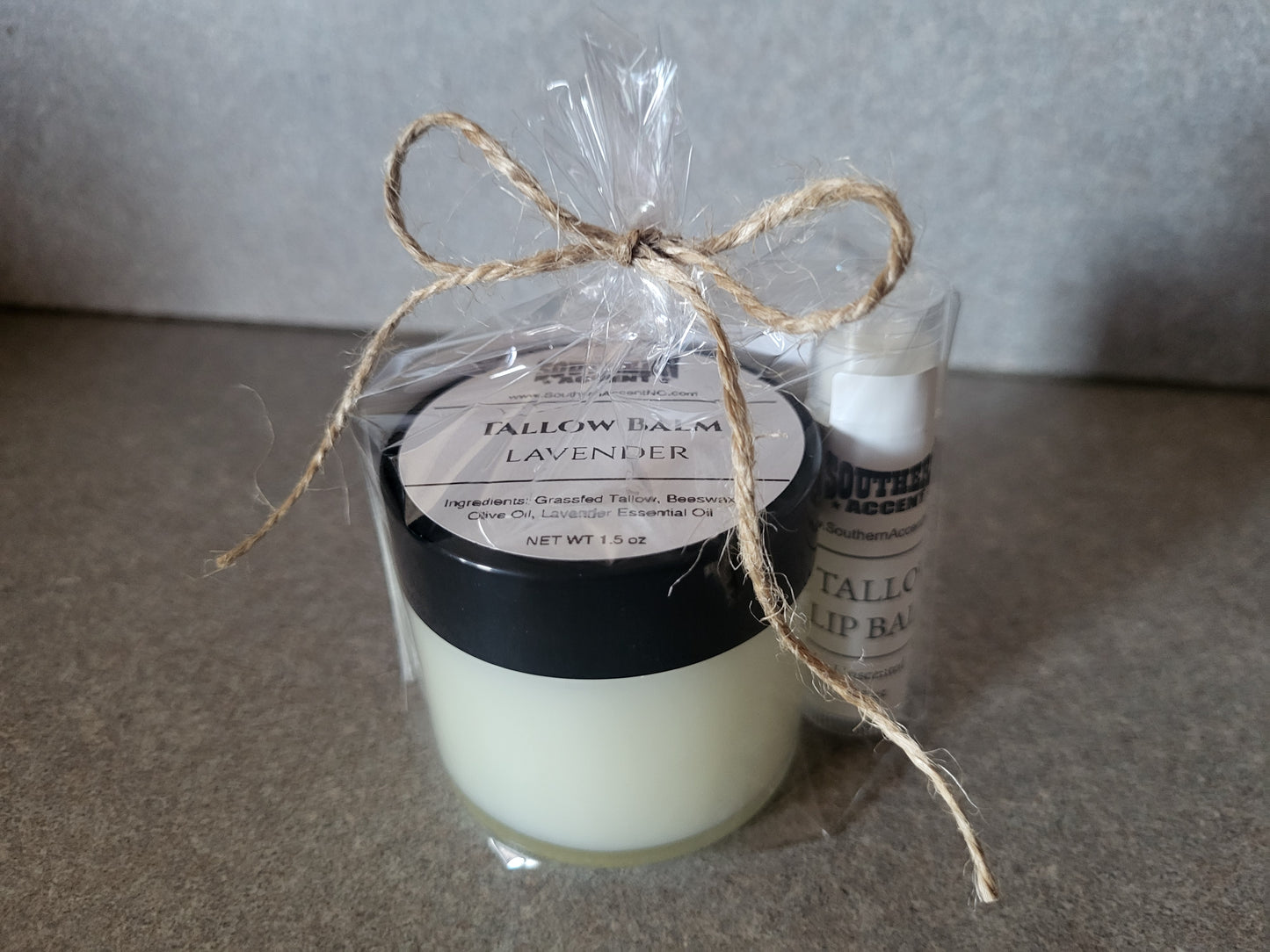 Southern Accent tallow balm and lip balm set with gift packaging on a neutral background
