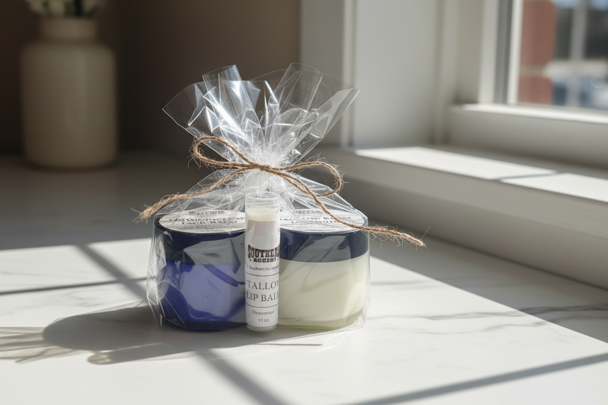 The Tallow Essentials Set — Complete Natural Skincare Kit (face balm + hand/body balm + lip balm) gift wrapped in bright natural lighting