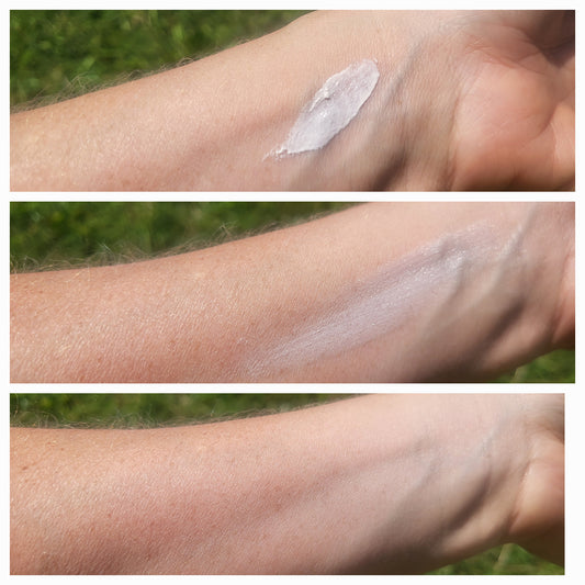 Natural mineral sunscreen with non-nano zinc oxide applied to skin — SPF 20-30 protection