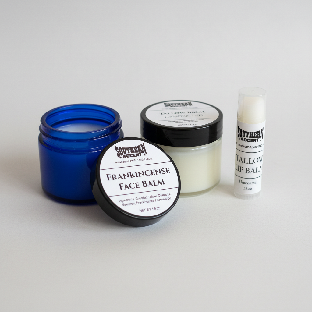 Natural tallow balms for dry and sensitive skin — The Tallow Essentials Set (tallow balm + frankincense face balm + lip balm) in professional setting