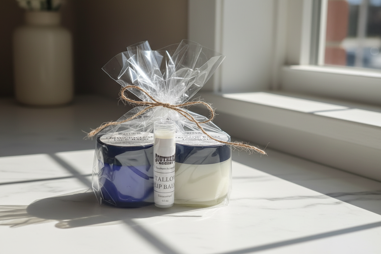 The Tallow Essentials Set — Complete Natural Skincare Kit (face balm + hand/body balm + lip balm) gift wrapped in bright natural lighting